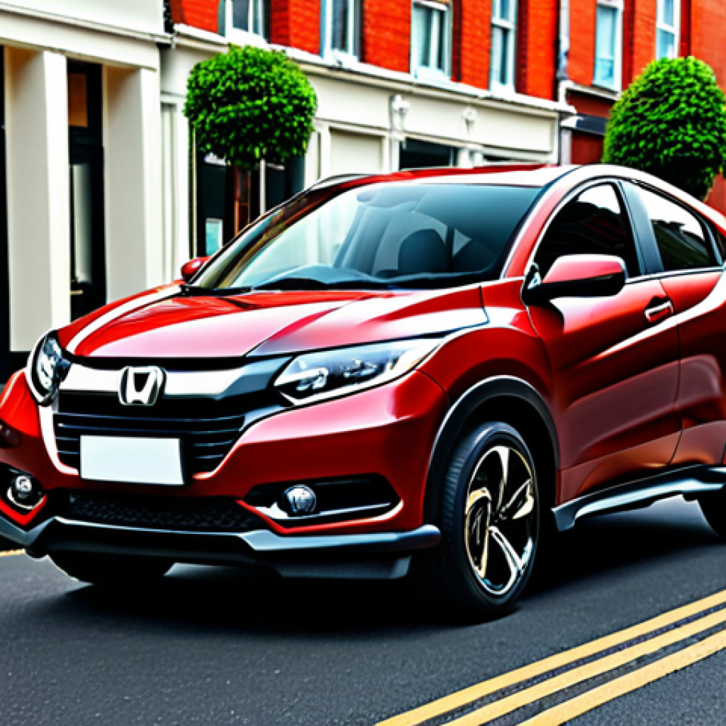 **Prompt:** Sleek Honda HR-V exterior, modern design appealing to young drivers, parked in a vibrant city street.