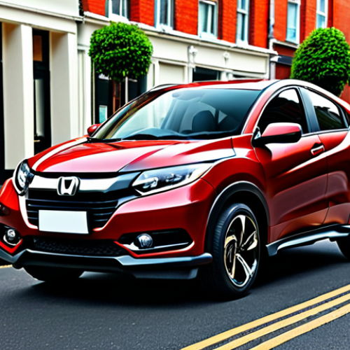 Home 4 **Prompt:** Sleek Honda HR-V exterior, modern design appealing to young drivers, parked in a vibrant city street.