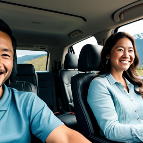 Home 27 **Prompt:** A fully clothed family of five smiling inside a spacious Honda Pilot SUV, driving on a scenic highway with mountains in the background, safe for work, appropriate content, professional, perfect anatomy, correct proportions, well-formed hands, proper finger count, natural body proportions, family-friendly.